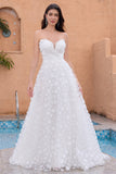 White A Line Strapless Applique Lace Wedding Dress with Detachable Sleeves